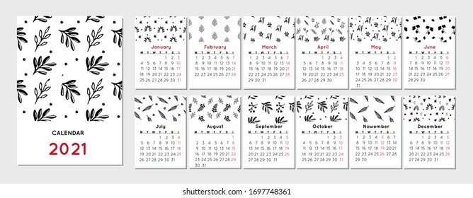 Monochrome calendar design 2021 Nature, shapes. Monthly calendar 2021 year. Set of 12 months. Week starts on Monday. Editable calendar page template A4, A3. Vertical vector illustration