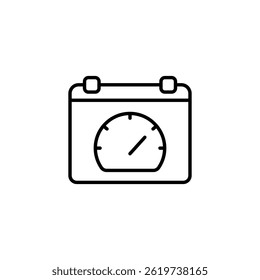 Monochrome calendar page icon with a speedometer for timed scheduling