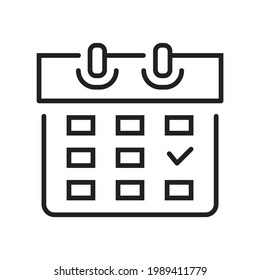 Monochrome calendar schedule planner icon vector illustration. Simple linear daily organizer with checkbox and dates isolated. Paper reminder page interface on spring spiral with business event