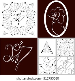 Monochrome calligraphic black and white drawing. Happy New Year 2017.Rooster, cock, chicken vector illustration. 