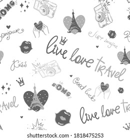 Monochrome calligraphic seamless pattern with hearts, kiss lips, Eiffel tower, text live Love Travel, crown sign. Motivations slogan and romantic elements repeated print for textile, wrapping paper.