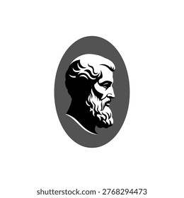 Monochrome cameo-style profile of an ancient philosopher with a flowing beard, rendered as a classical silhouette inside an oval frame. Evokes antiquity, wisdom, portraiture, sculpture and a stoic.