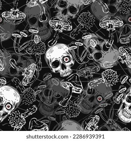 Monochrome camouflage pattern with human skulls with red eye, mushrooms. Grunge style of outline of mushrooms. Dark textured background behind. Good for apparel, clothing, fabric, textile, sport goods