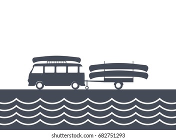 Monochrome camping bus with canoe and trailer