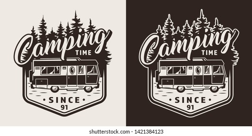 Monochrome camping print with recreation truck and forest silhouette in vintage style isolated vector illustration
