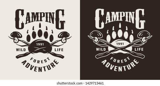 Monochrome camping season logo with bear footprint and mushrooms on sticks in vintage style isolated vector illustration