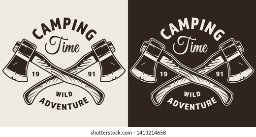 Monochrome camping season print with tourist crossed axes in vintage style isolated vector illustration