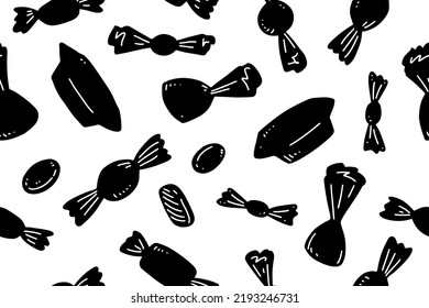 Monochrome candy wrapper print. Jelly wrappers. Chocolate candy wrappers. Assorted sweets. Bag of lollipops. Sweet pattern