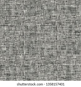 Monochrome Canvas Textured Irregular Checked Background. Seamless Pattern. 