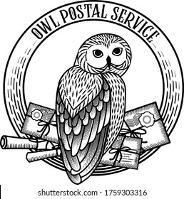 Monochrome card with an owl carrying a scroll on a round frame in the style of engraving.