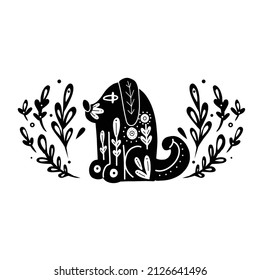 Monochrome card with sitting dog in profile with floral ornament. Vector stylized shepherd dog with folk art. Clipart with silhouette of stylized puppy and boho decoration. Postcard with pet