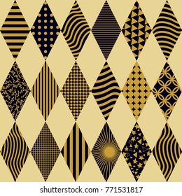 Monochrome carnival background. Seamless vector pattern with rhombus and different geometric ornaments. Template for banners, posters, covers, cards, invitations, textile design.