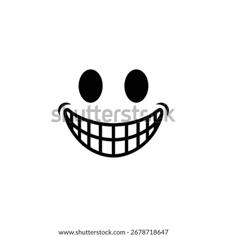 Monochrome cartoon design featuring an oversized smile with teeth and large, circular eyes, presented against a transparent backdrop.
