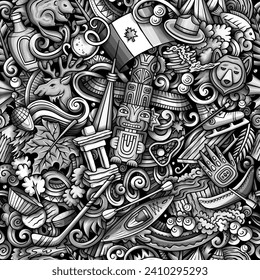 Monochrome cartoon doodle seamless pattern with a variety of Canadian objects and symbols, including maple leaf, beaver, moose, hockey stick, and snow. 