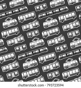 Monochrome cartoon flat city transport seamless pattern. Cute kids texture with bus, tram, trolley and underground for textile, wrapping paper, wallpaper, cover, package, background