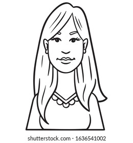 monochrome cartoon illustration of a long haired woman looking friendly. Avatar comic outline doodle
