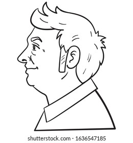 monochrome cartoon illustration of a man with long sideburns looking friendly. Avatar comic outline doodle.