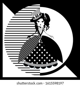 monochrome cartoon lady doll in gaudy circus gown and hat