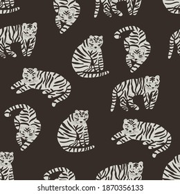 Monochrome cartoon pattern with tigers for fabric, textile, print, wrapper, apparel, nursery decoration, wallpaper, surface design. Seamless vector flat background with animals