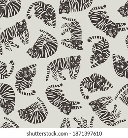 Monochrome cartoon pattern with tigers for fabric, textile, print, wrapper, apparel, nursery decoration, wallpaper, surface design. Seamless vector flat background with animals