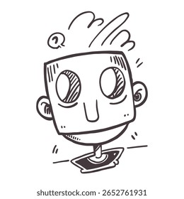 A monochrome cartoon sketch displaying a whimsical and curious expression with an inventive robot-like appearance. Perfect for concepts of creativity, imaginative design, and quirky ideas