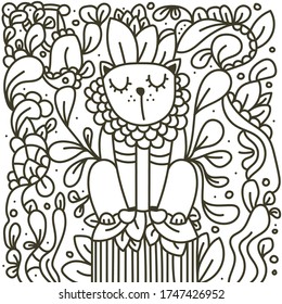 Monochrome cat. Background drawn in a style of doodling.