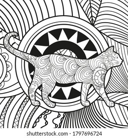Monochrome cat on abstract square shape. Hand drawn abstract pattern. Black and white illustration for colouring