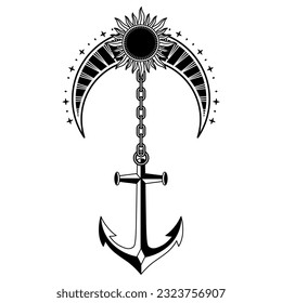 monochrome celestial moon and sun with anchor illustration