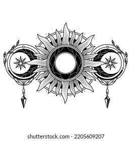 monochrome celestial moon and sun with ornaments illustration