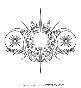 monochrome celestial moon and sun with ornaments illustration