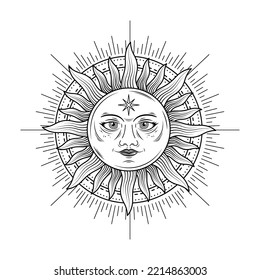 monochrome celestial sun with face logo design