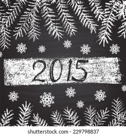 Monochrome chalk painted  illustration of Christmas tree, snowflakes and text 2015. New Year theme. Card design.