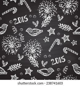   Monochrome chalk painted seamless pattern with  birds, fireworks, 2015. New Year theme. Card design.