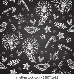  Monochrome chalk painted seamless pattern with  birds, fireworks. New Year theme. Card design.