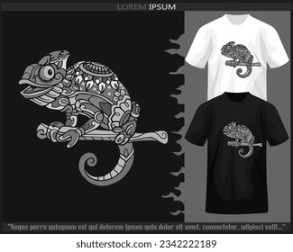 Monochrome Chameleon mandala arts isolated on black and white t shirt.