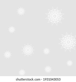 Monochrome Chaotic Print Sharp Winter Ornament. Grey Ice Christmas Luxury Composition. Cold Silver Frost Innocent Stars Sky Background. White Mystery New Year Snowflakes Mandala Illustration.