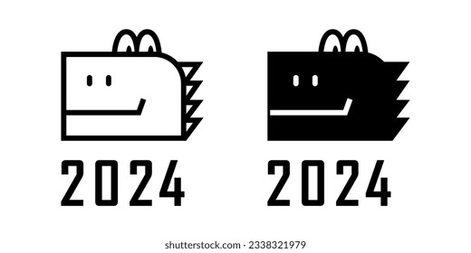 Monochrome character design concept. Cute mascot. Vector illustration in flat geometric style. Stylized dragon head. Symbol of 2024. Template for embossing and engraving cards, invitations, packaging.