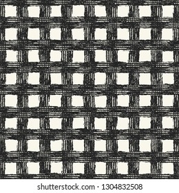 Monochrome Checked Brushed Textured Background. Seamless Pattern.