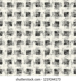 Monochrome Checked Grain Stroke Textured Distressed Background. Seamless Pattern.