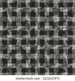 Monochrome Checked Grain Stroke Textured Distressed Background. Seamless Pattern.