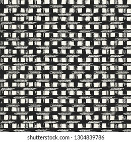 Monochrome Checked Variegated Stroke Textured Distressed Background. Seamless Pattern.