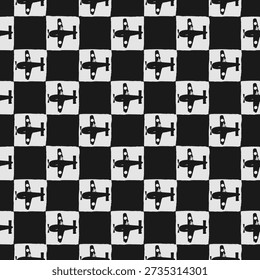 Monochrome Checkerboard Pattern with Hand-Drawn Airplanes seamless pattern background
