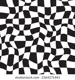Patrón sin soldadura monocromo a cuadros. Fondo de la cuadrícula de ilusión óptica de los años 90 y 2000. Distorsionada textura de tablero de ajedrez trippy. Cuadros geométricos psicodélicos