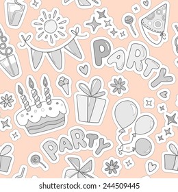 Monochrome cheerful seamless pattern on the topic of children's leisure. Balloons, cake with candles, ice cream, candy, gifts, flowers, hearts, sparkles on an orange background.