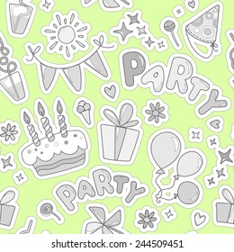Monochrome cheerful seamless pattern on the theme of children's activities. Balloons, cake with candles, ice cream, sweets, gifts, flowers, hearts, sparkles on the background color of lime.
