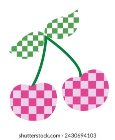 Monochrome cherry icon, logo, sticker design in 2000s. Flat pink, green and white, green and white checkered pattern inside abstract fruit. Vector illustration