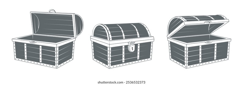 Monochrome chest box set. Opened and locked chest treasure boxes isolated vector illustration