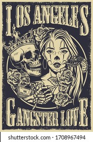 Monochrome chicano tattoo style vintage poster with inscriptions skull in royal crown pretty girl diamond snake money pack and skeleton hand holding rose flower vector illustration