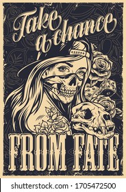 Monochrome chicano tattoo vintage template with letterings dice cat skull roses chicano girl in baseball cap and scary mask vector illustration