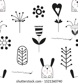 Monochrome childish seamless pattern with cute hare and flowers in Scandinavian style. Vector Illustration. Kids illustration for nursery design. Great for baby clothes, greeting card, wrapping paper.